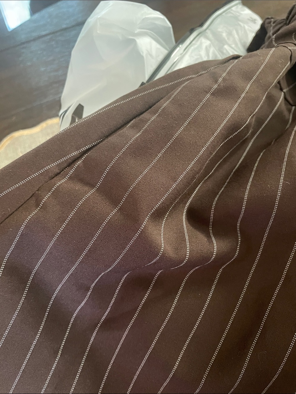 Sleeveless Brown  Pinstripe Runched Maxi Dress - Picture 7 of 9